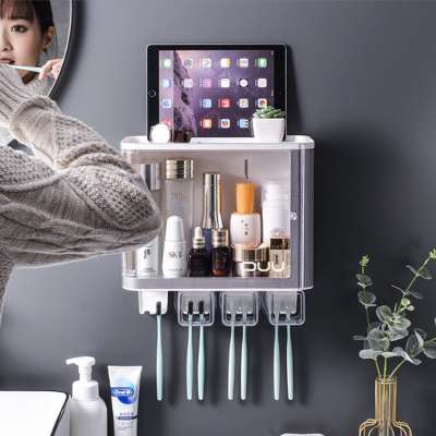 Family Magnetic Plastic Tooth Brushing Water Washing Teeth Cleaner Cup Bathroom Toothbrush Holder with Storage Box